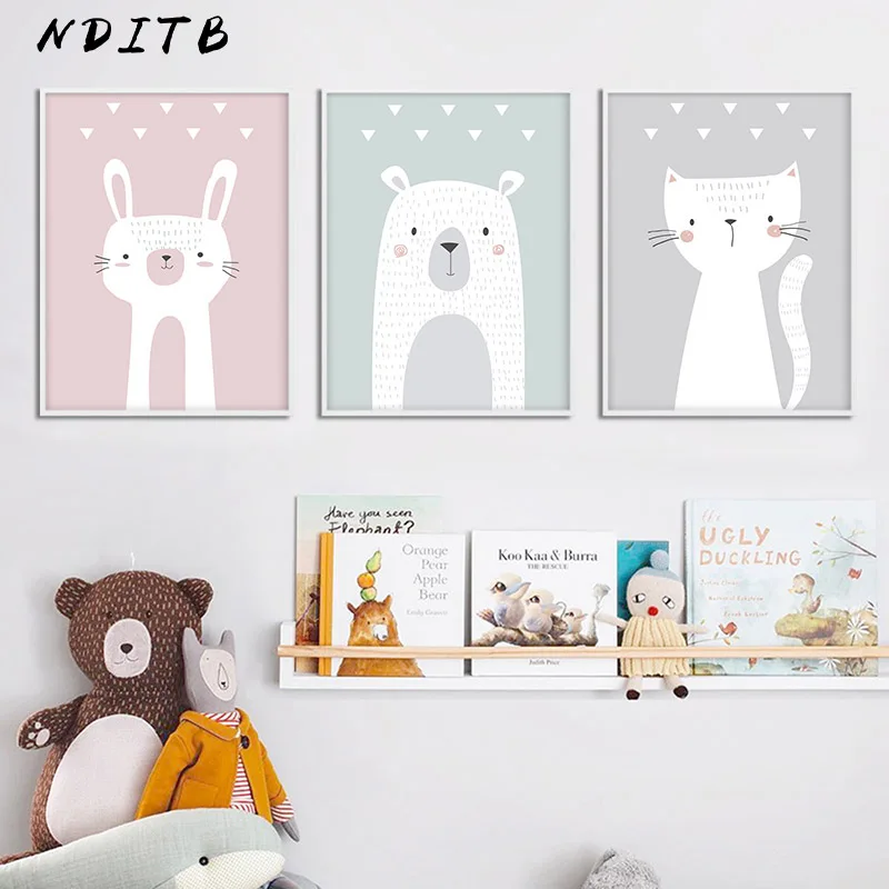 Животные Медведь Кролик воздушный шар холст искусство печать мультфильм картина