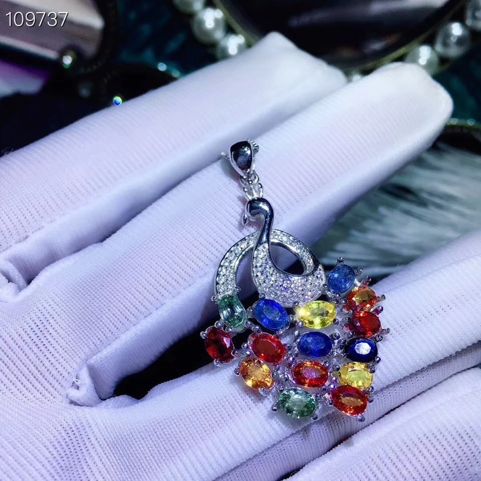 Кулон из серебра 925 пробы с натуральным разноцветным сапфиром | Украшения и