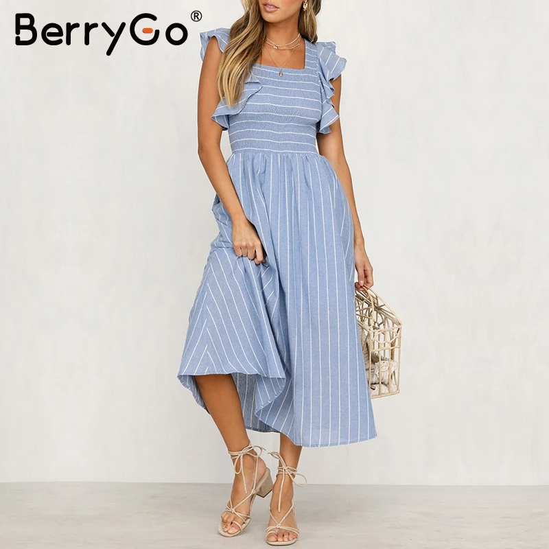BerryGo/Винтажные элегантные полосатые женские платья с рюшами и длинными рукавами