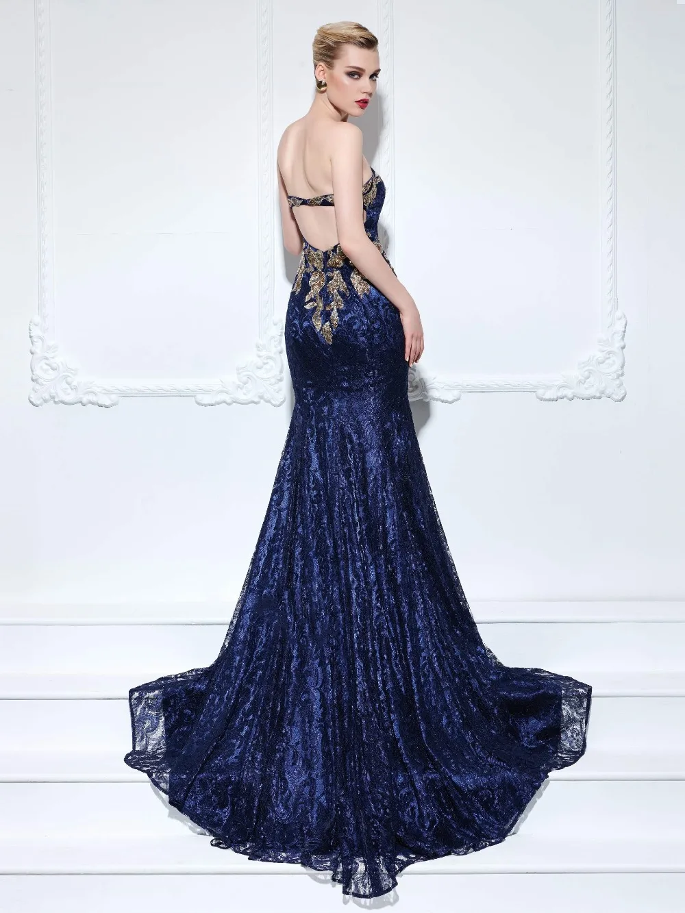 Темно-Синий Русалка Вечерние Платья 2017 Люкс Кружева Аппликация Hollow Вернуться
