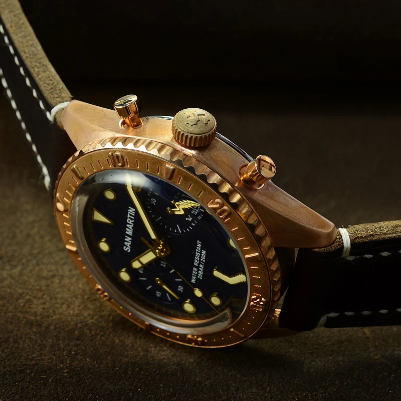 Часы San Martin Sixty-Five бронзовые автоматические часы для дайвинга ETA7753 часы с хронографом 200 м водонепроницаемые бронзовые часы в ретро-стиле