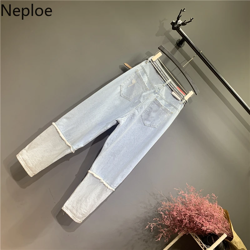 Neploe корейские летние джинсы с принтом женские свободные буквы нижний зев из