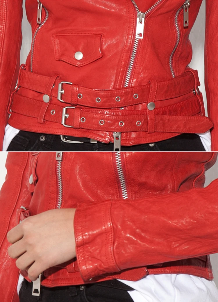 Женская короткая куртка из натуральной овечьей кожи Красная приталенная