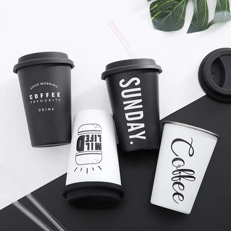 Чашки из нержавеющей стали с крышками и соломинками 420 мл металлические кружки