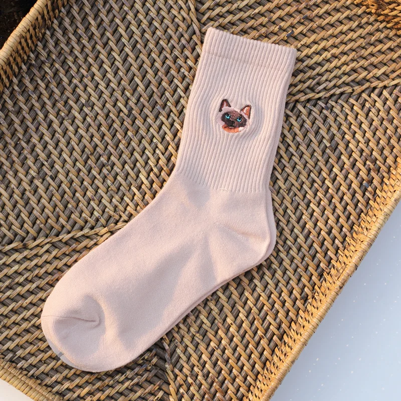 Grey Pink Женские носки из чистого хлопка в стиле Харадзюку с изображением кота и собаки; забавные носки с ручной вышивкой в виде животных; сезон осень-зима - Цвет: Grey Pink