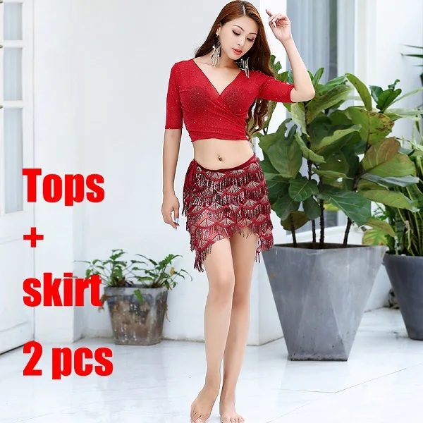 2 pieces set Новая высококачественная одежда для танца живота женский тренировочный женский костюм для восточных танцев пикантные блестки Топы юбка 2 шт DL3855 - Цвет: 2 pieces set
