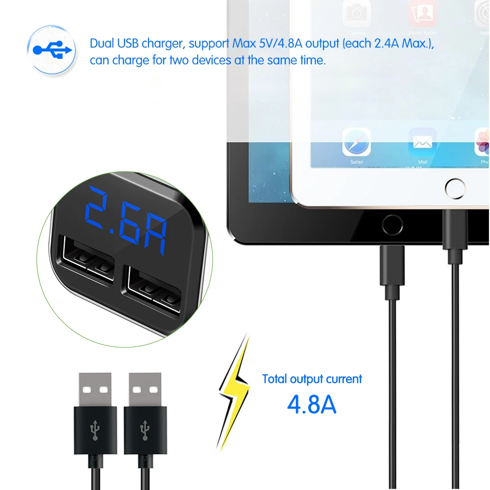 Автомобильное зарядное устройство Powstro с 2 USB-портами и светодиодный дисплеем