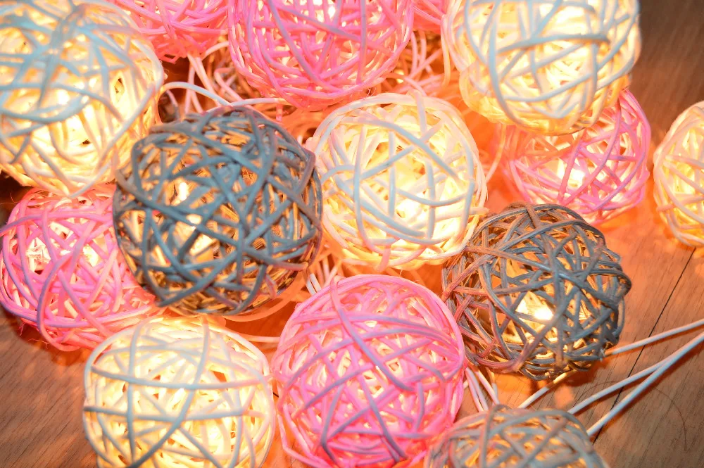 20pcs/set Vintage sweet Pastel Gray pink white mixed RattanBall Patio Party String Lights Fairy Wedding xmas valentine Decor | Лампы и