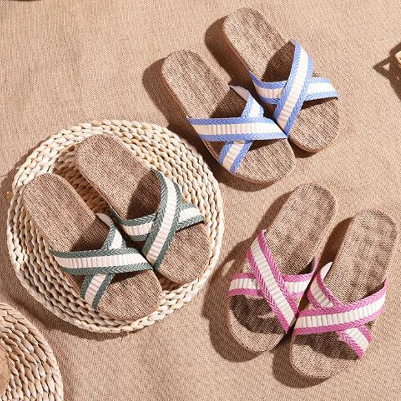 Мужские летние полосатые сандалии Белые пляжные льняные тапочки домашние