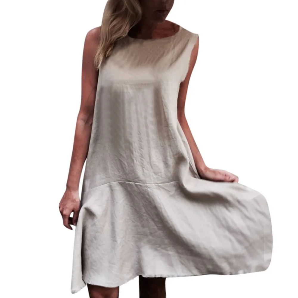 Платье женское хлопково льняное с коротким рукавом и круглым вырезом|Женские