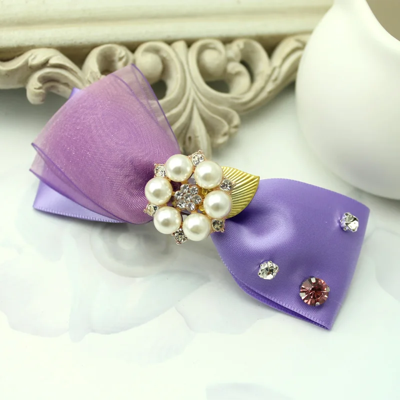 Шпилька для волос ручной работы с бантом цветок жемчуг фиолетовая заколка