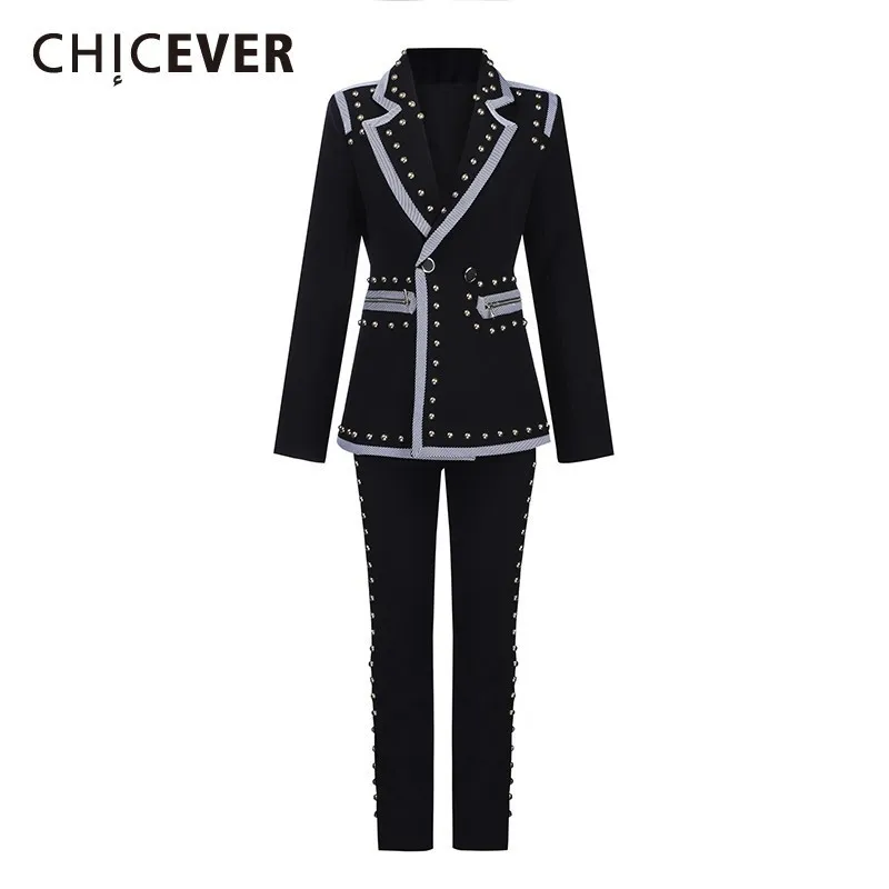 CHICEVER/женский костюм-двойка в полоску с заклепками пальто лацканами и длинными