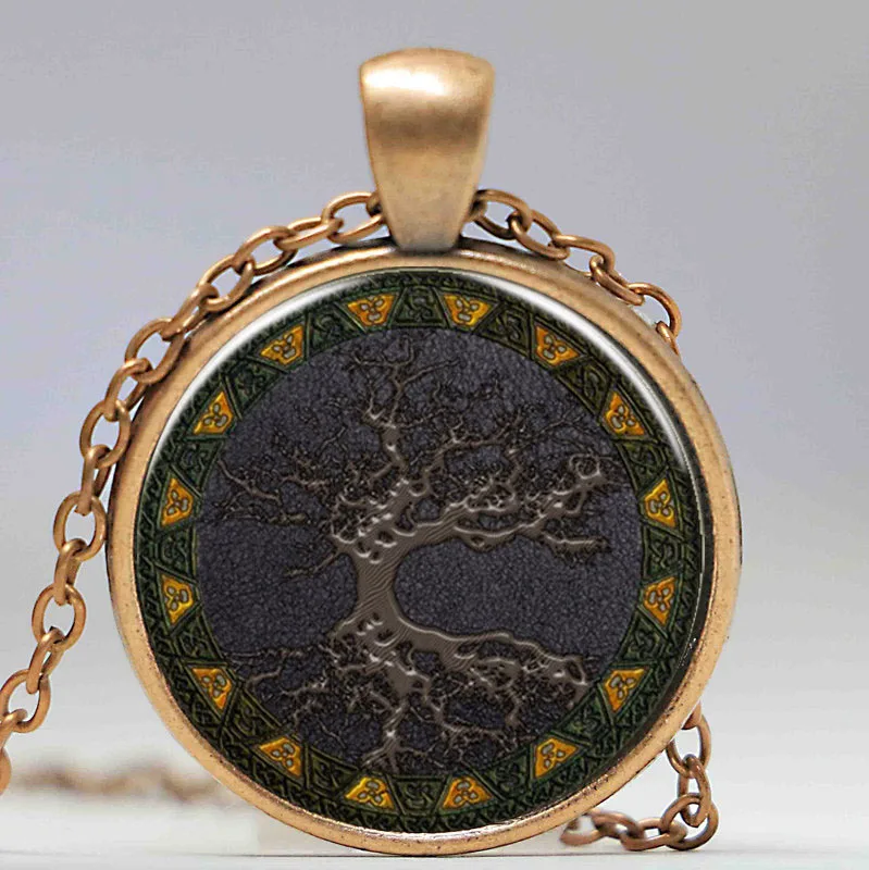 Кельтский круглый подвеска стеклянная подвеска ожерелье винтажная ювелирная изделия монета размера дерево жизни серебряного цвета женский чокер.