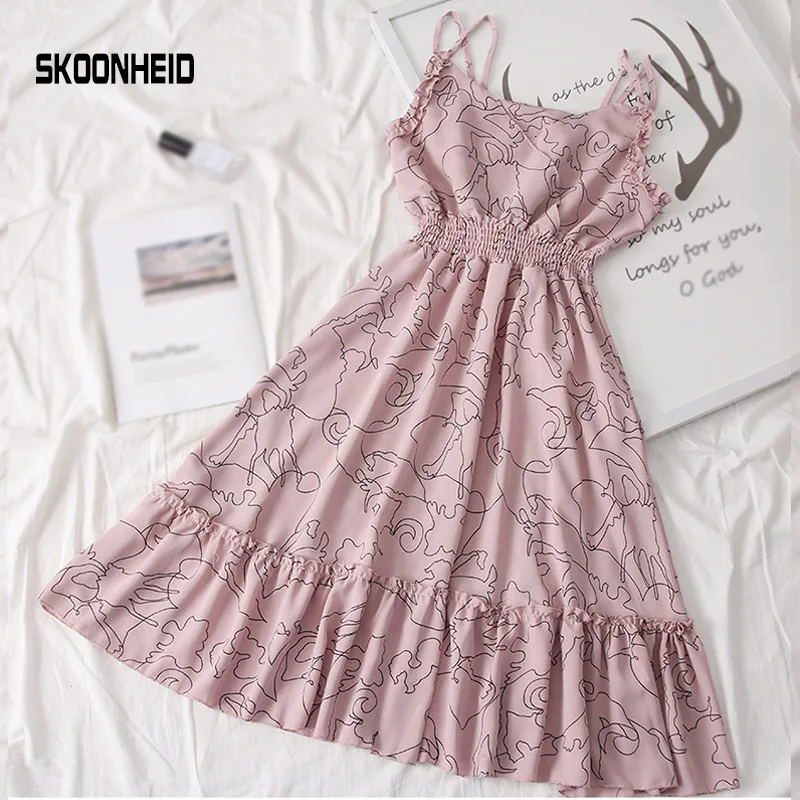 pink SKOONHEID, модное, новое платье с принтом, женское, летнее, v-образный вырез, богемное, в горошек, Топики, платья, пляжные, цветочные, вечерние, длинное, шифоновое платье - Цвет: pink