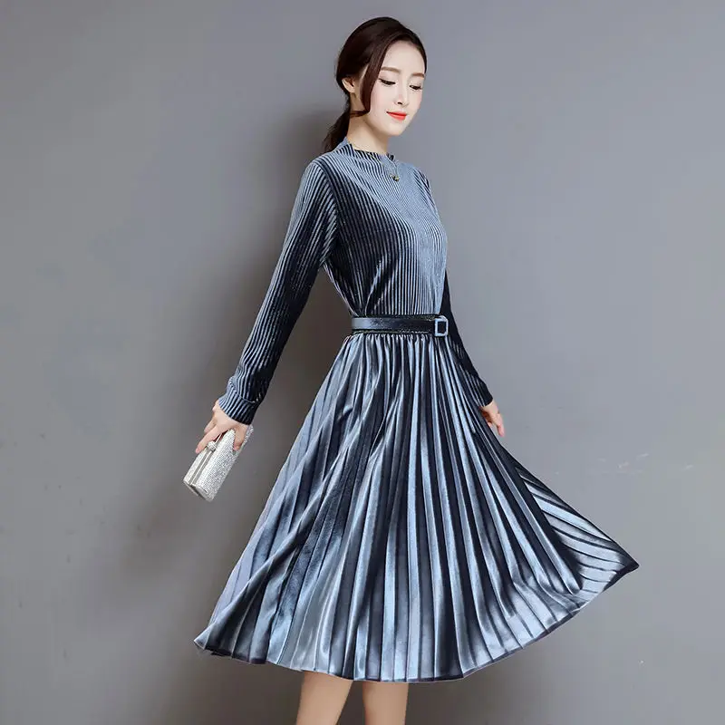 Fashion Autumn Winter Women Dress Elegant Sexy Pleate Female Dress Vintage Long Sleeve Velvet Two-piece suit Dresses vestidos