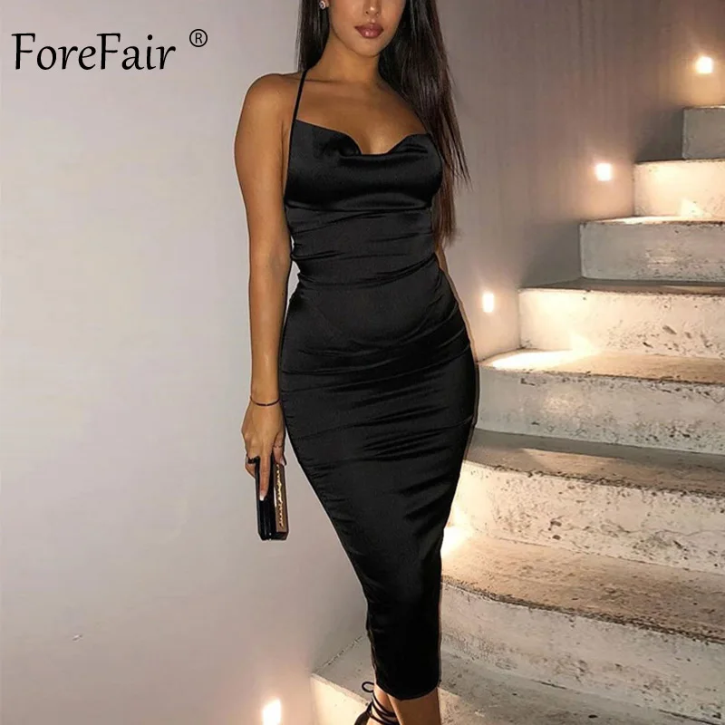 Black Dress Forefair сексуальное платье атласное платье-комбинация облегающее платье с открытой спиной на бретелях с открытыми плечами платье миди Открытое платье без рукавов Бандажное платье на бретельках летнее платье Для женщин - Цвет: Black Dress