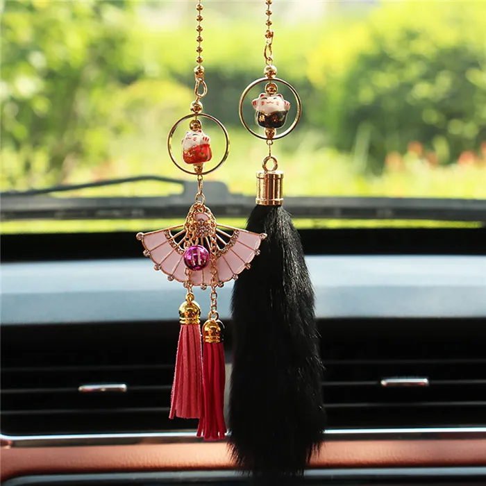 Black red cat-Black Автомобильный кулон Lucky Cat авто зеркало заднего вида Украшение подвесное украшение милый Hairball автомобили Декор интерьера аксессуары подарок - Название цвета: Black red cat-Black