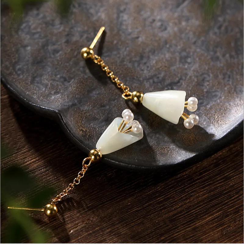 2nd design Uglyless серьги из натурального жемчуга для женщин Настоящее золото 925 пробы серебряные серьги-подвески с цветами Настоящее Нефритовое цветочное ювелирное изделие - Цвет камня: 2nd design