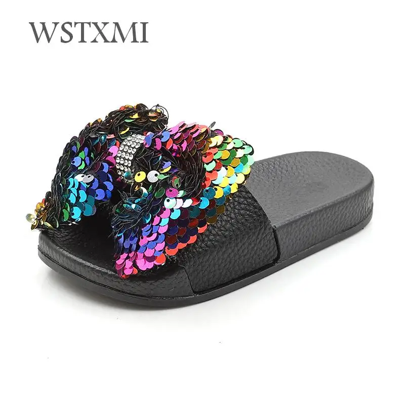 Тапочки для девочек Летние шлепанцы принцессы с блестками и бантом Детская обувь