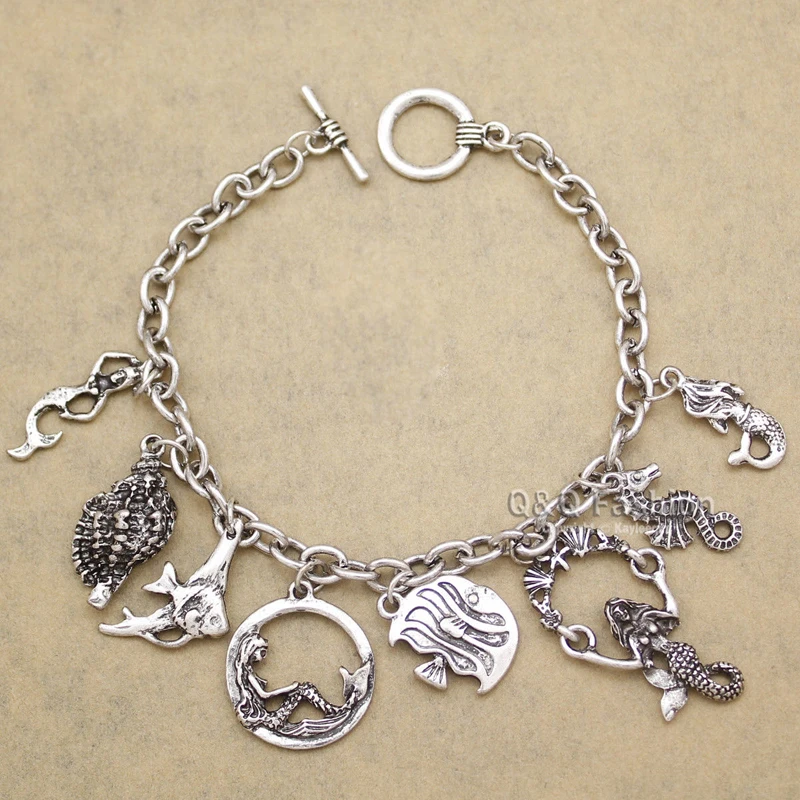 Retro Princess Ariel Mermaid Sea Horse Conch Charm Toggle Cuff Bangle Chain Bracelets For Women bileklik pulseira feminina DIY | Украшения