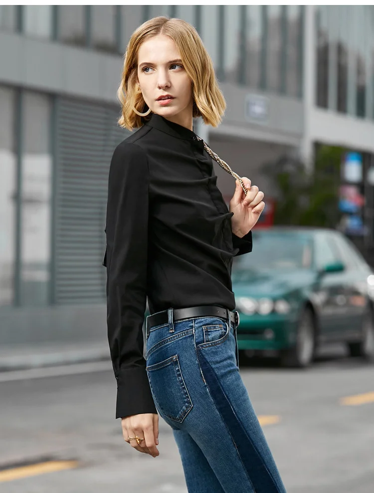 Amii Minimalist Women Shirts Spring New Office Solid Long Sleeve Folds Pleased Strand Collar Causal Female Blouse Shirt