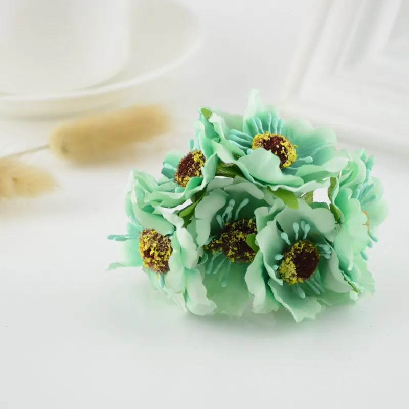 Aqua green 6 шт., Шелковый цветок вишни, искусственный цветок для свадьбы, украшение автомобиля, ручная работа, сделай сам, букет невесты, венок, подарок, скрапбукинг, подделка - Цвет: Aqua green