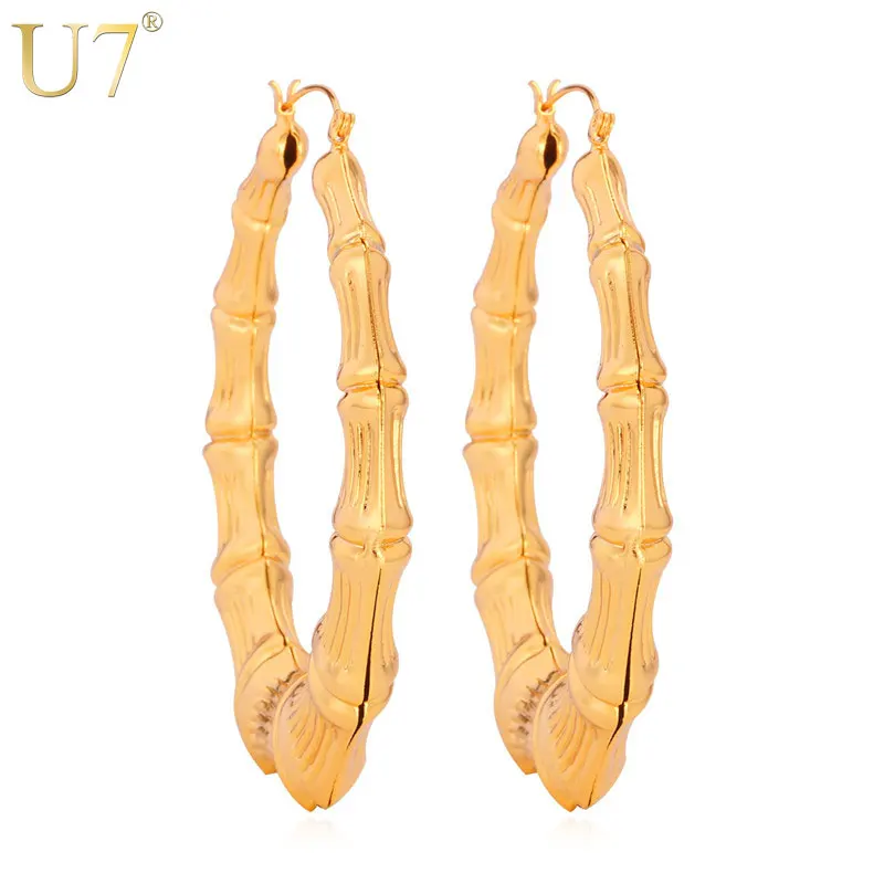 U7 Большой Бамбук Хооп Серьги Позолоченные Ювелирные Изделия Модный Супруг