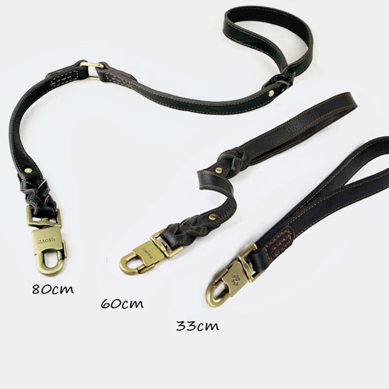 Элегантный ошейник из натуральной кожи для собак, поводок для маленьких и больших собак, прочный ошейник, поводок для тренировок на открытом воздухе, веревка, товары для домашних животных - Цвет: Black