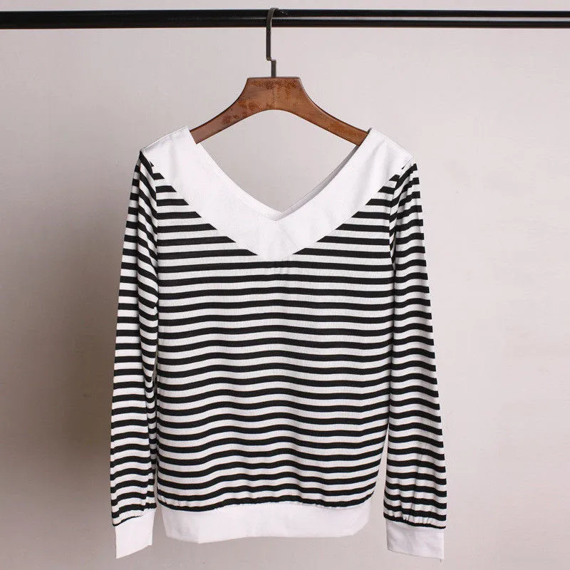 Autumn New Style 2017 Stylish Women's Loose Long Sleeve Deep V-neck Striped Blouse Tops Ladies Casual Pullovers Shirt Top |