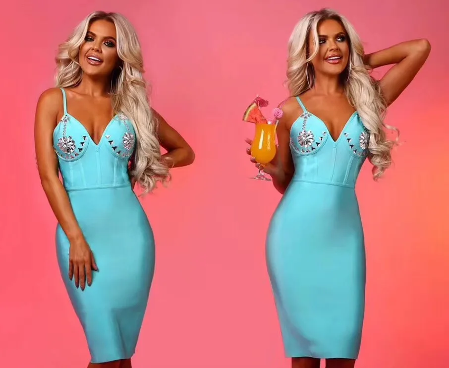 Женское Бандажное платье без рукавов небесно голубого и черного цвета с V