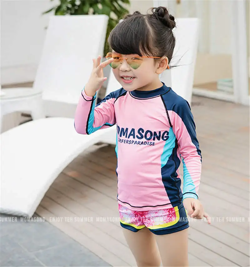 Retail Swimsuit for 3-8yrs Girls Long sleeve Blue Patchwork 2-Pieces Split swimwear with swimming Cap Surfing Costume | Спорт и