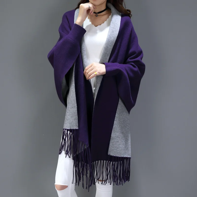 Purple and grey Черный серый шарф зимний большой женский кашемировый шарф с длинным рукавом Многоцелевой платок рукав летучая мышь накидка echarpe hiver femme 195 см - Цвет: Purple and grey