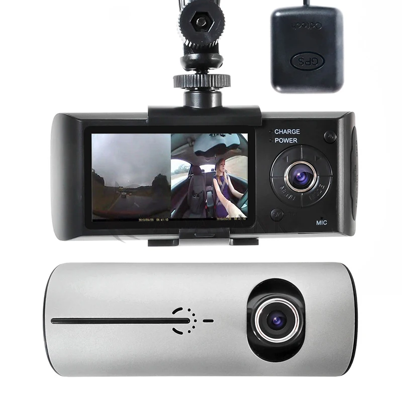 AMPrime Видеорегистраторы для автомобилей Двойной объектив R300 Dash Cam 2," gps Камера видео dvr рекордер с gps G-Сенсор видеокамера регистратор тире Камера