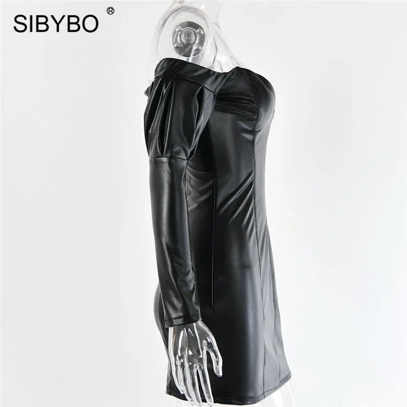 SIBYBO сексуальное мини-платье без бретелек из искусственной кожи, модное осеннее платье с открытыми плечами и длинным рукавом, женские черные вечерние Клубные платья с открытой спиной
