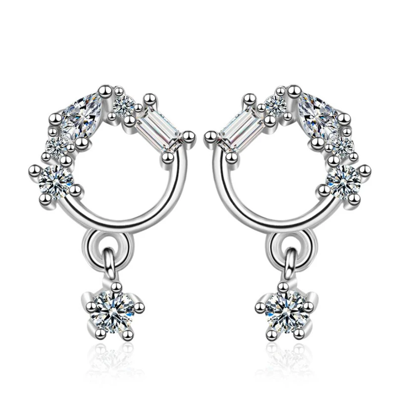 KOFSAC New 925 Sterling Silver Stud Earrings Lady Popular Zircon Circle Tassel Small Earring For Women Jewelry Party Accessories | Украшения