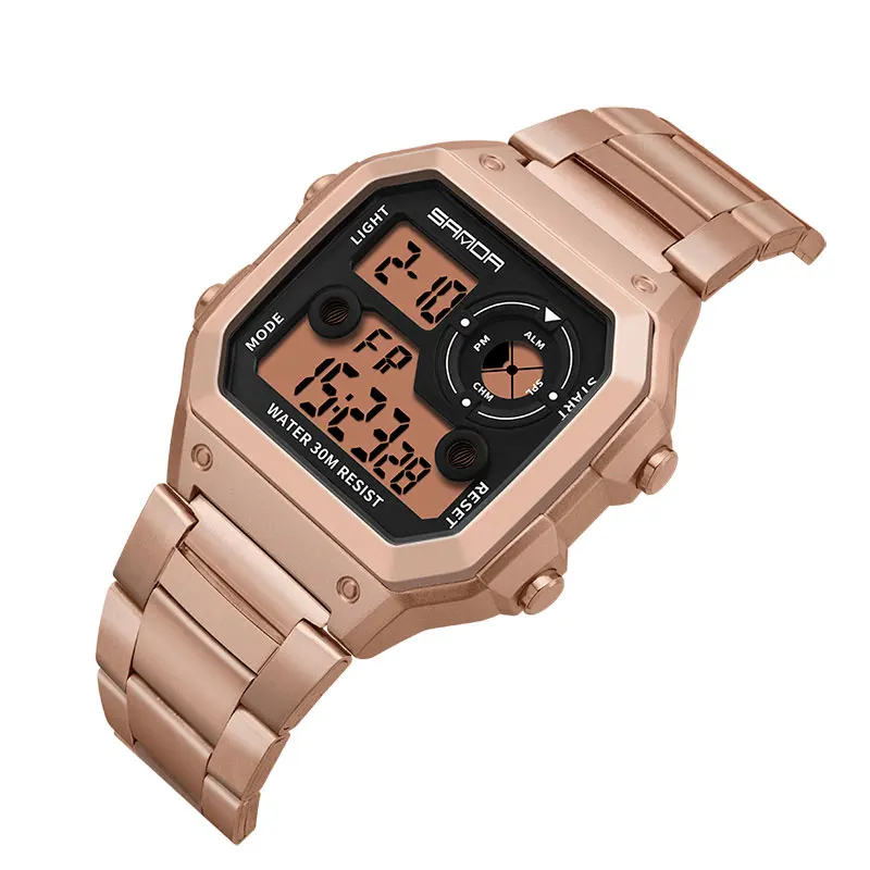 rose gold SANDA, спортивные часы, мужские часы, светодиодный, цифровые наручные часы для мужчин, часы, квадратные, нержавеющая сталь, электронные наручные часы, часы - Цвет: rose gold
