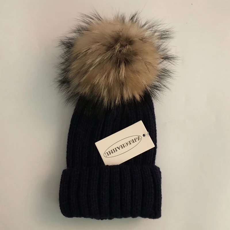Модные шапки Skullies Beanies с натуральным лисьим мехом норки, 15 см, шапки для женщин и девочек, зимние теплые шапки, Весенняя детская шапочка, новинка - Color: Children Nary Blue