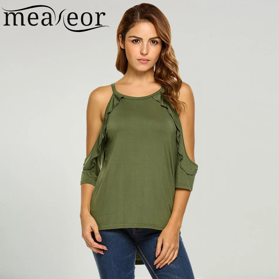 Meaneor женские футболки с открытыми плечами три четверти рукав оборками