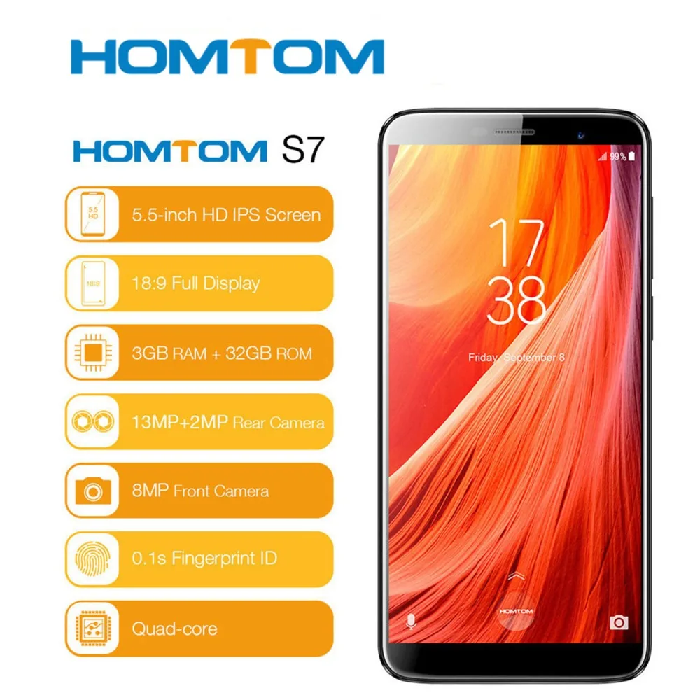 HOMTOM S7 смартфон соотношением сторон 18:9 3 gb + 32g Mtk6737 Ouad Core 5 &quotотпечатков пальцев 2900