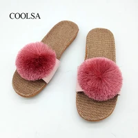 coolsa womens new summer candy pompom flax slippers women furry breathable indoor linen slippers fashion home slides wholesale