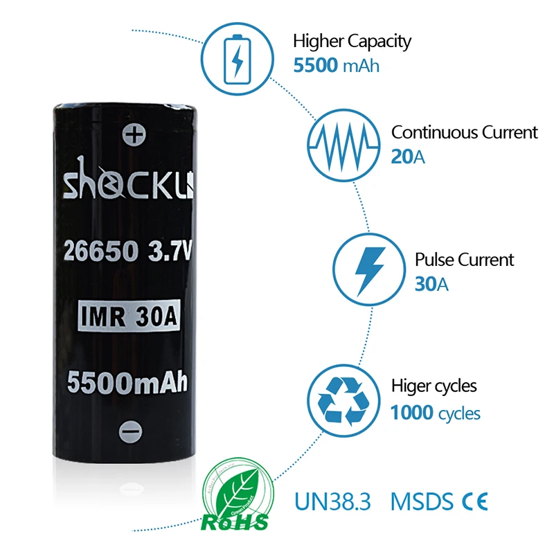 Аккумулятор Shockli 26650 5500 мАч литий ионный аккумулятор 3 7 в 30А для фонариков высокой