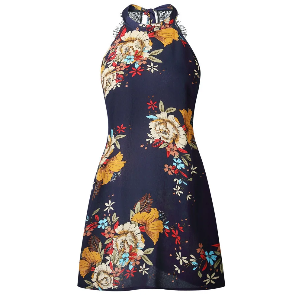 Women Floral Printing Halter Summer Sleeveless Party Mini Dress High Quality Best Selling slim dress summer new arrival 2019 | Женская
