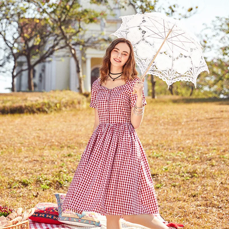 Женское Хлопковое платье в клетку ARTKA красное винтажное с коротким рукавом