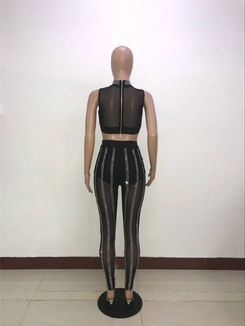 Adogirl полосатый бриллиантовый прозрачный сетчатый женский костюм из двух предметов с высокой горловиной без рукавов укороченный топ сексуальные брюки карандаш клуб Oufits модные костюмы