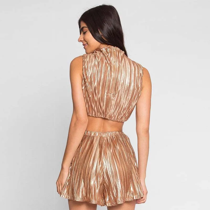 

Two Piece Set 2019 Summer Clothes for Women Wide Leg Shorts Turtleneck Sleeveless Ruched Crop Tops Club Matching Sets Outfits