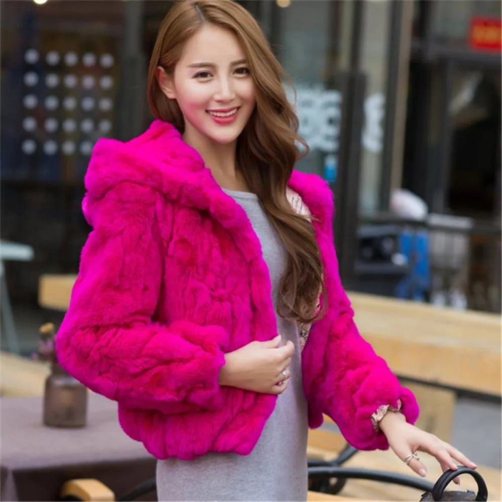 

Ethel Anderson Real Rex Rabbit Fur Coat with Hood Women Fur Jacket Hooded Soft Rex Rabbit Fur Outwear