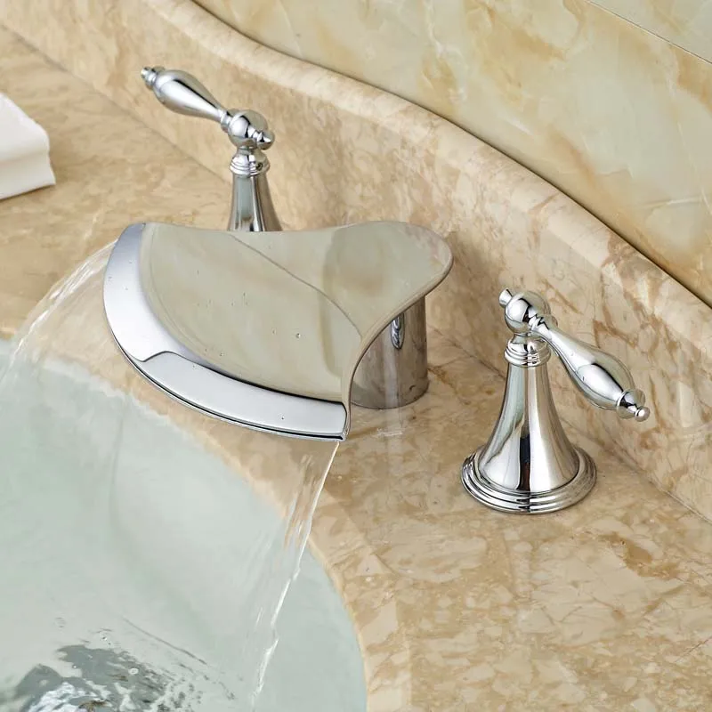 Двойная ручка яркий хромированный смеситель для раковины широкий с 3 отверстиями