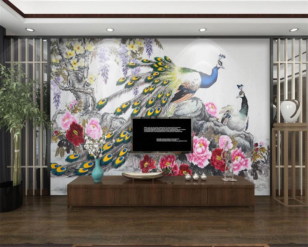 Пользовательские обои в европейском стиле ручная роспись Павлин Ретро диван фон