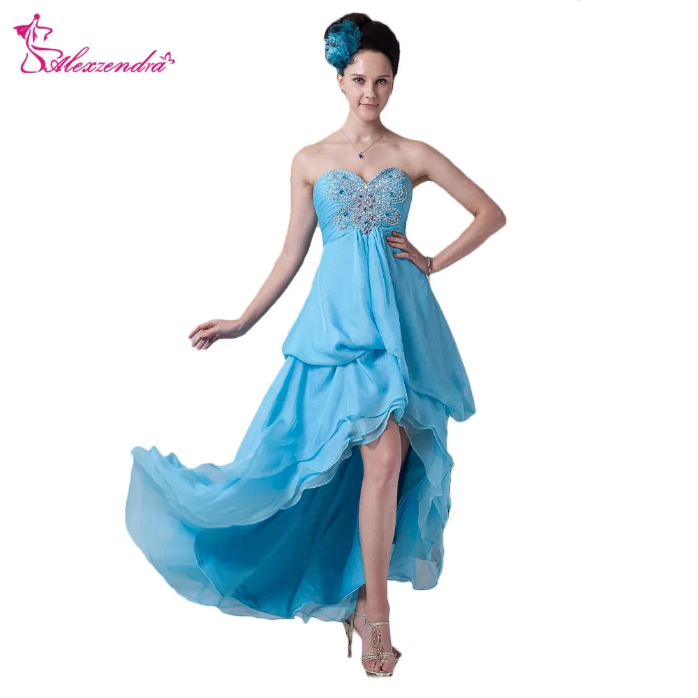 

Alexzendra A Line Blue Chiffon High Low Beach Prom Dresses Plus Size Beaded Sweetheart Prom Gowns Party Dress