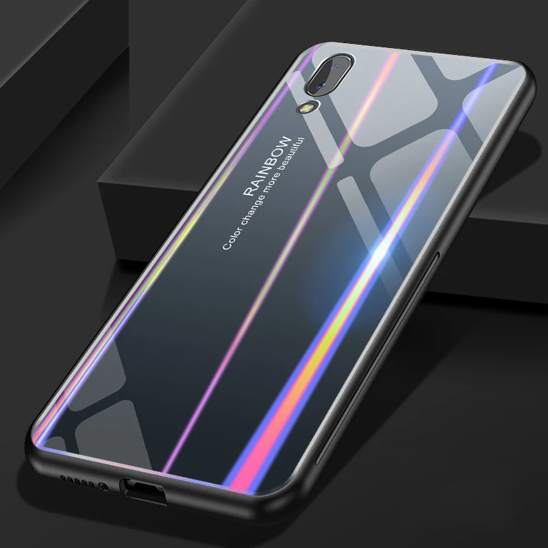 Gradient Rainbow Glitter Phone Case For VIVO X23 X20 Plus Aurora TPU + Explosion-proof Glass Back Cover VIVOX9 |